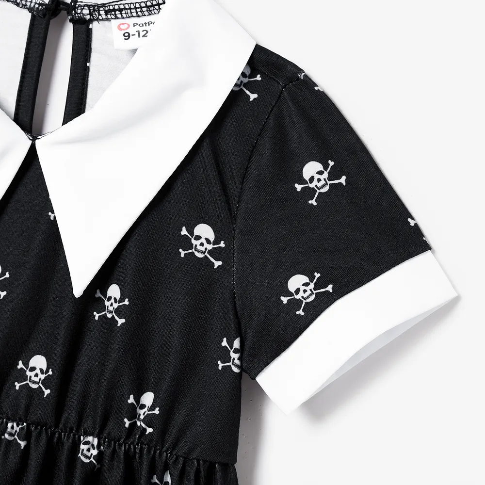 Halloween Family Matching Skull Print Gothic Short Sleeve Dresses and Tops Sets big image 3