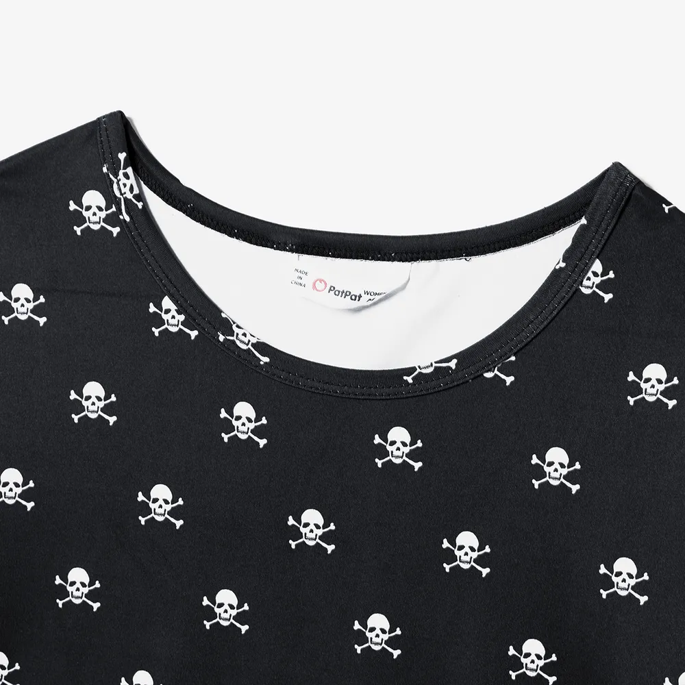 Halloween Family Matching Skull Print Gothic Short Sleeve Dresses and Tops Sets big image 17
