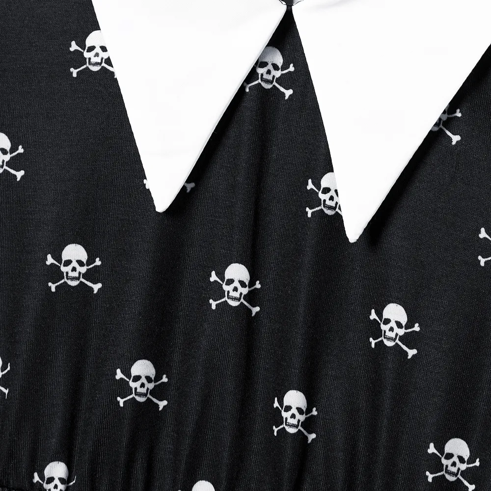 Halloween Family Matching Skull Print Gothic Short Sleeve Dresses and Tops Sets big image 15