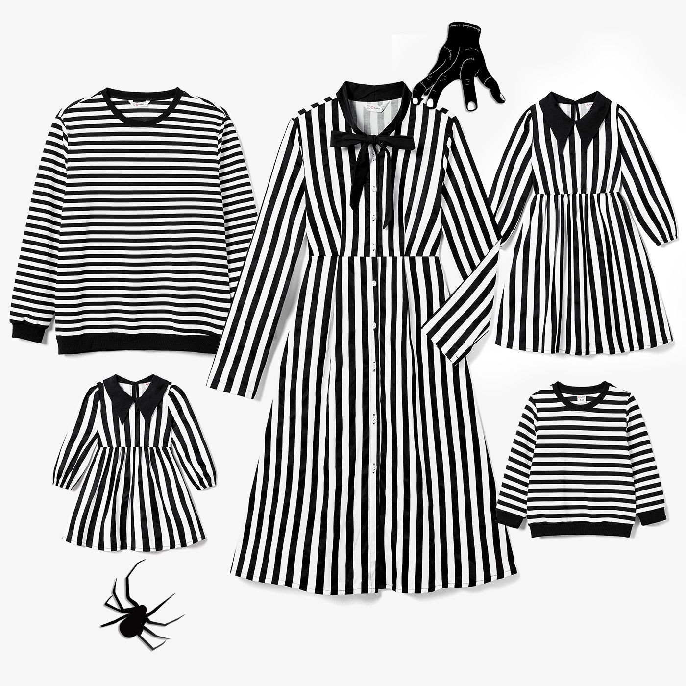 Halloween Famille Assortie Black Stripe Gothique Robes à Manches Longues Et Ensembles De Hauts