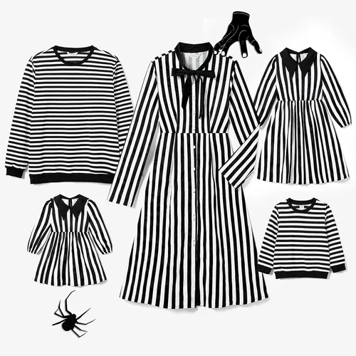 Halloween Family Matching Black Stripe Gothic Long-sleeve Dresses and Tops Sets
