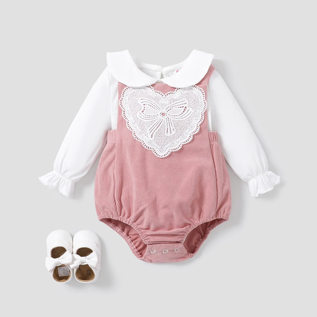 2pcs Baby Girl Heart-shaped Lace Lapel Design Set Pink big image 1