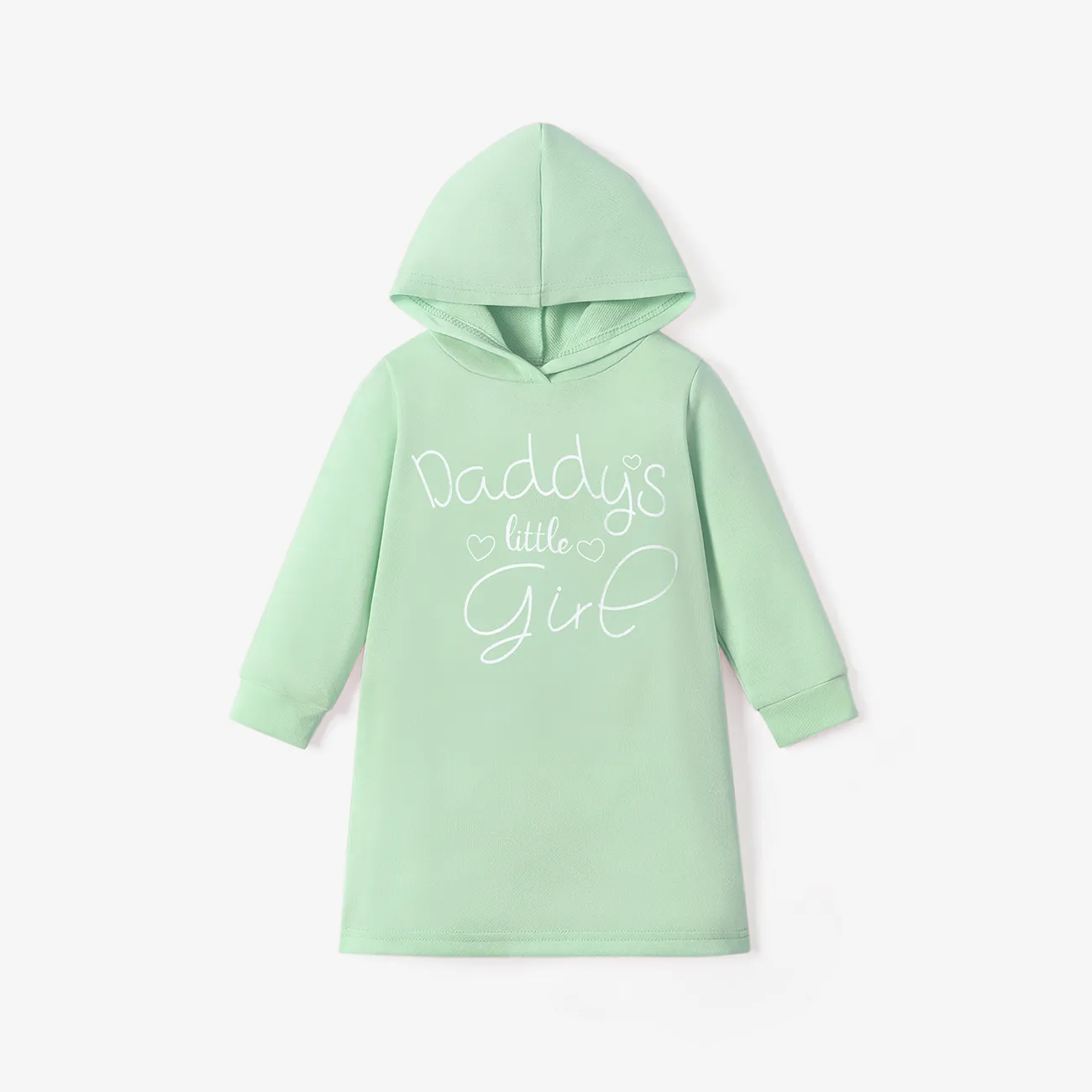 Toddler Girl Letter Print Solid Color Hooded Sweatshirt Dress Light Green big image 1