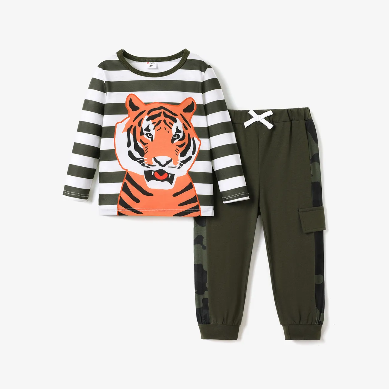 2pcs Toddler Boy Childlike Tiger Pattern Set Green big image 1