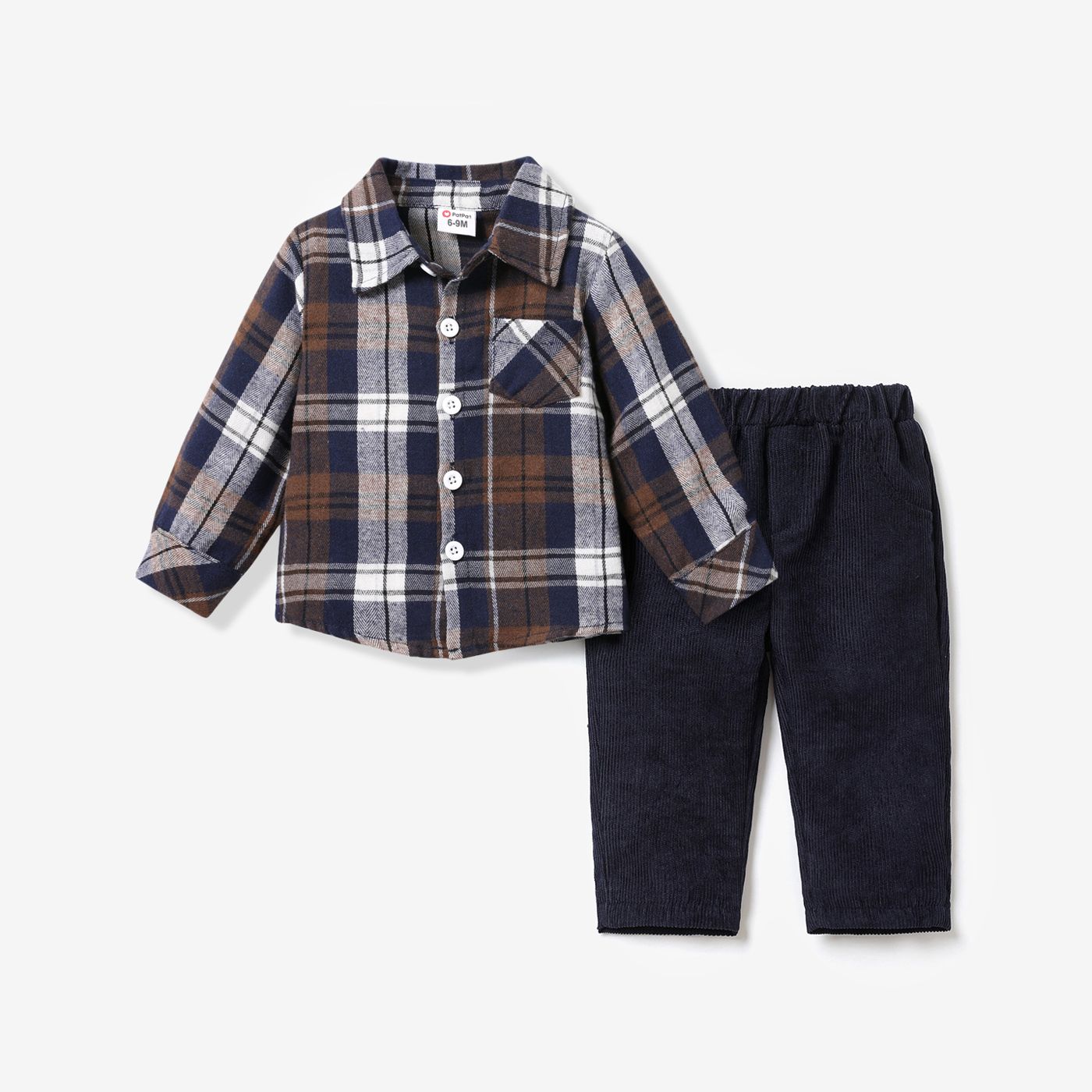 

2pcs Baby Boy Plaid Buttons Front Lapel Collar Long-sleeve Shirt and Solid Pants Set
