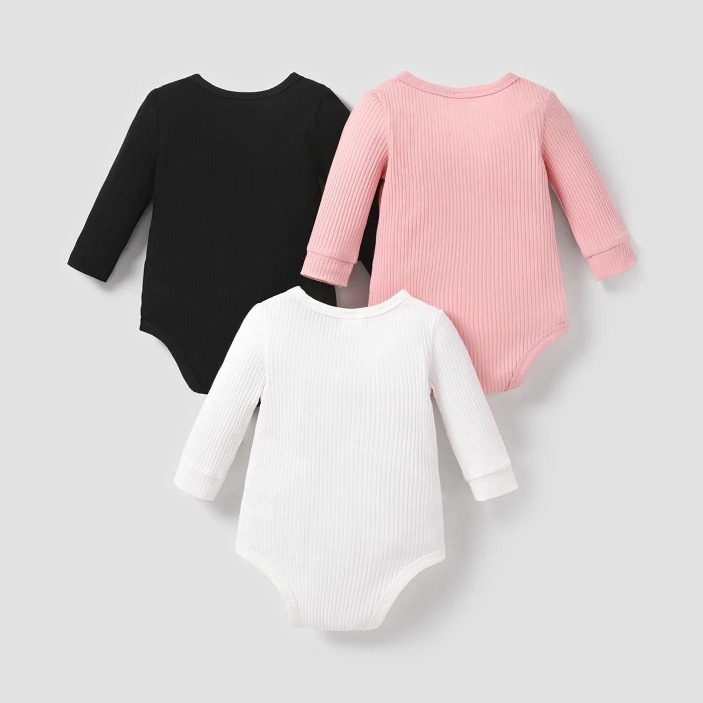 3-Pack Baby Girl/Boy Cotton Button Design Solid Color Ribbed Long-sleeve Rompers ColorBlock image 5
