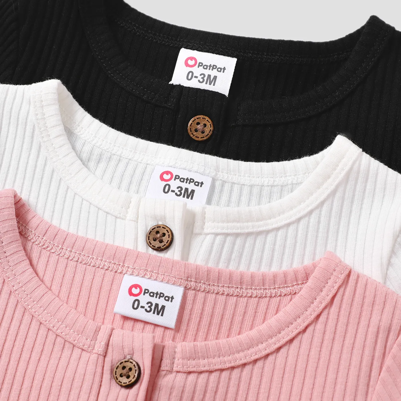 3-Pack Baby Girl/Boy Cotton Button Design Solid Color Ribbed Long-sleeve Rompers ColorBlock image 4