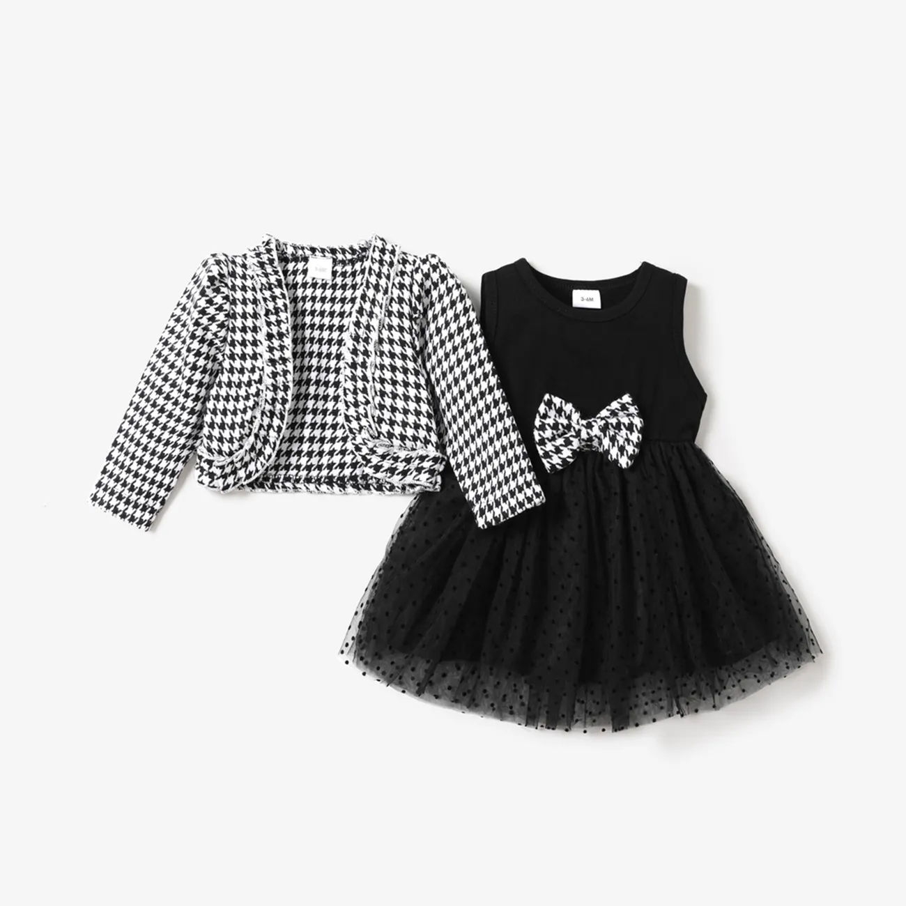 2pcs Baby Long-sleeve Plaid Cardigan and Tutu Mesh Dress Set Black/White big image 1