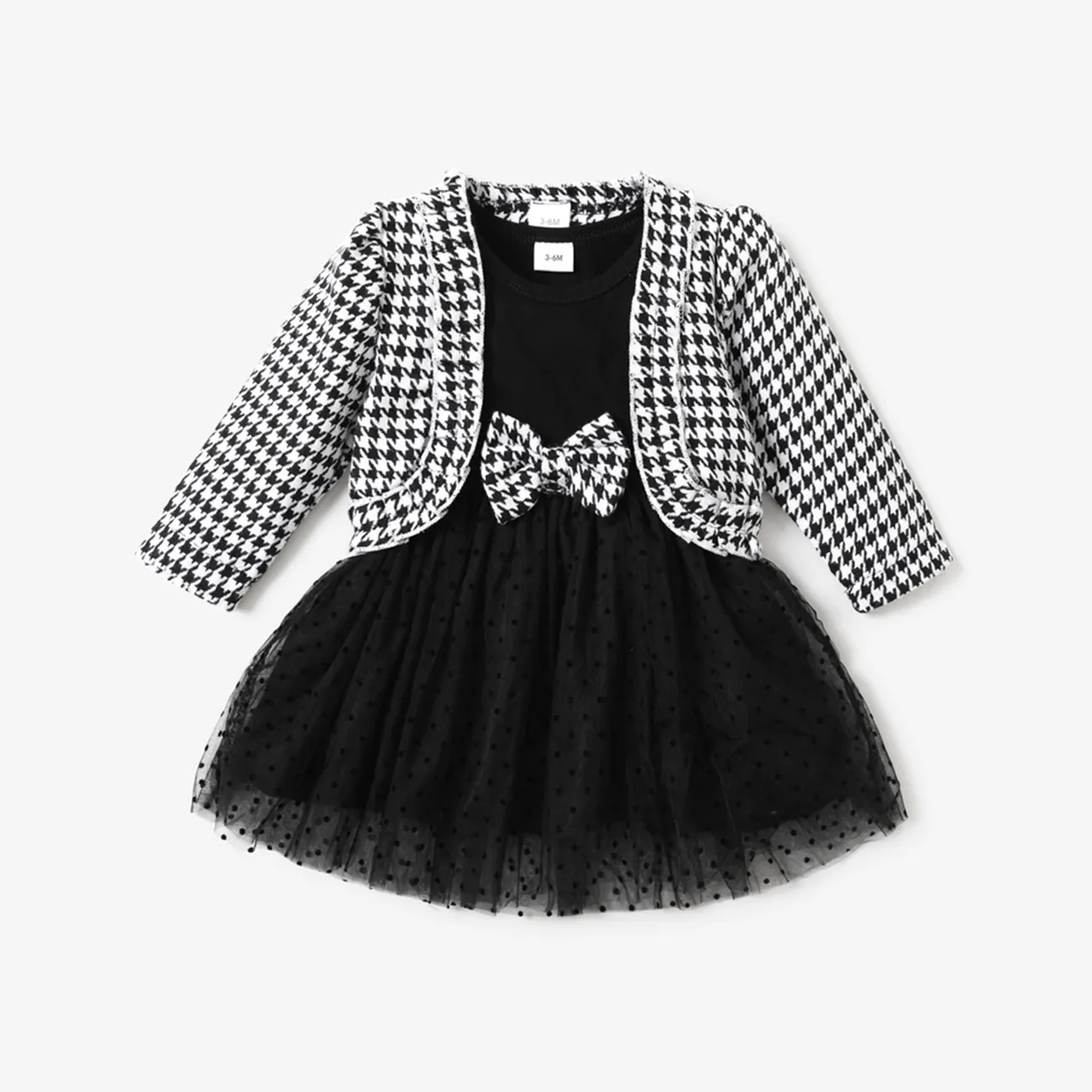 طقم فستان أطفال من قطعتين كارديجان منقوش بأكمام طويلة مع فستان شبكي توتو أسود / أبيض big image 1