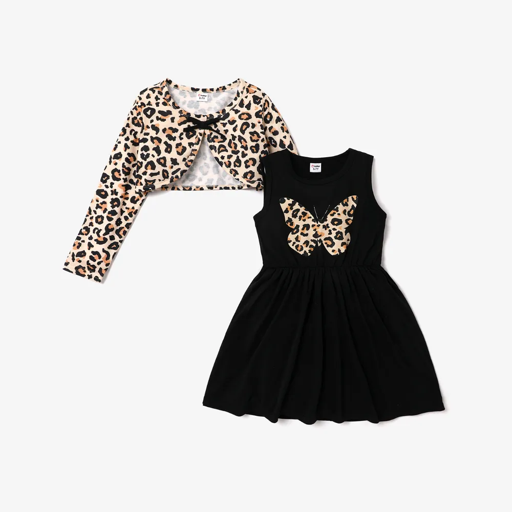 2pcs Kid Girl Butterfly Print Sleeveless Black Dress and Leopard Print Long-sleeve Cardigan Set  big image 1
