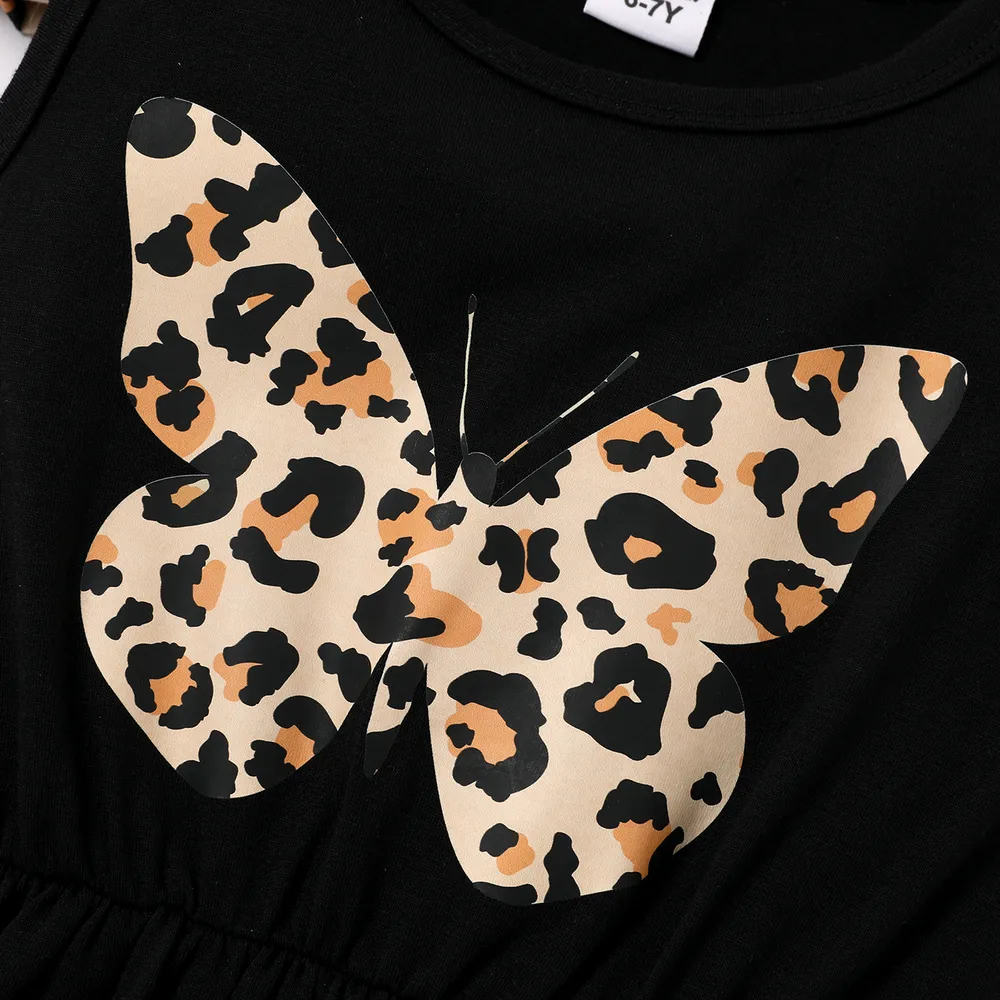2pcs Kid Girl Butterfly Print Sleeveless Black Dress and Leopard Print Long-sleeve Cardigan Set  big image 4