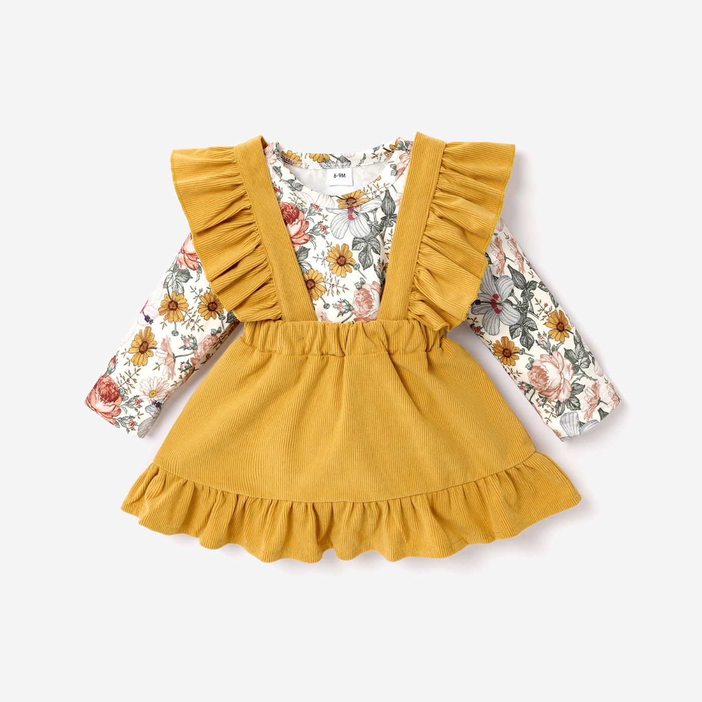 Baby 2pcs Floral Print Long-sleeve Romper And Yellow Corduroy Ruffle Suspender Skirt Set