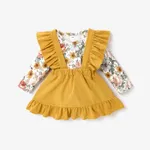 Baby 2pcs Floral Print Long-sleeve Romper and Yellow Corduroy Ruffle Suspender Skirt Set Multi-color