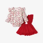 Baby 2pcs Floral Print Long-sleeve Romper and Yellow Corduroy Ruffle Suspender Skirt Set Coral