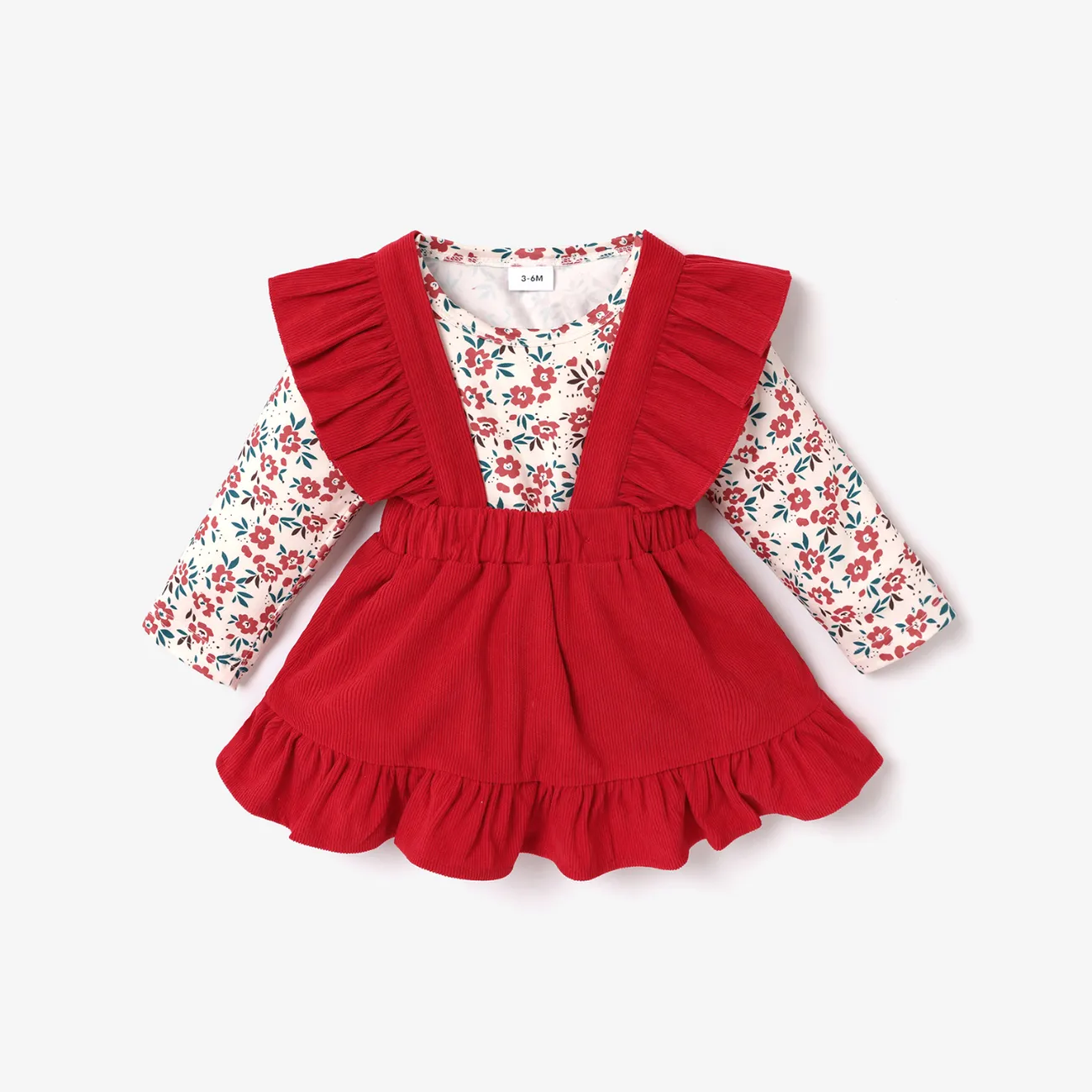 Baby 2pcs Floral Print Long-sleeve Romper and Yellow Corduroy Ruffle Suspender Skirt Set Coral big image 1