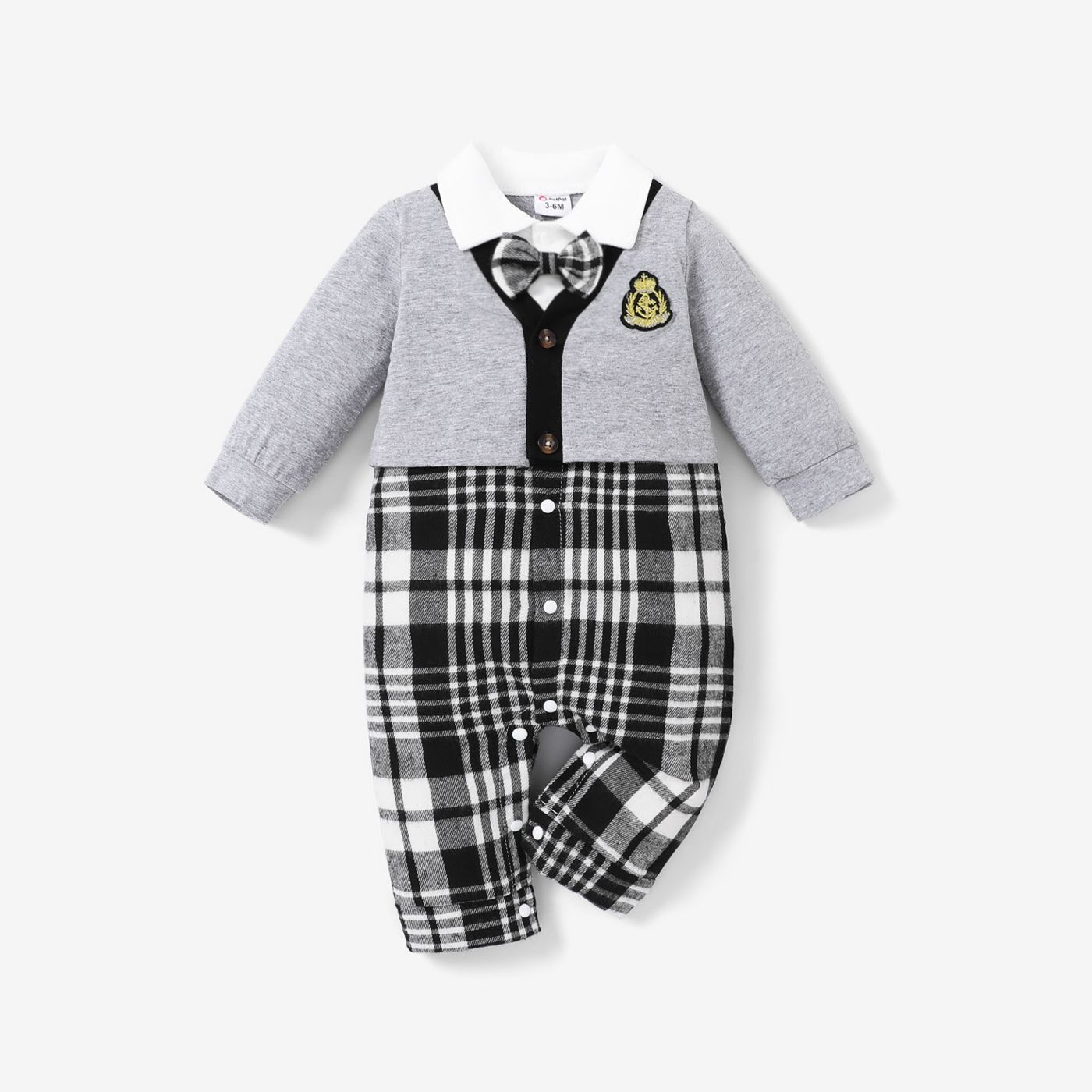 Baby Boy Grid Print Colorblock Collar Bow Tie Faux-two Jumpsuit/Shoes