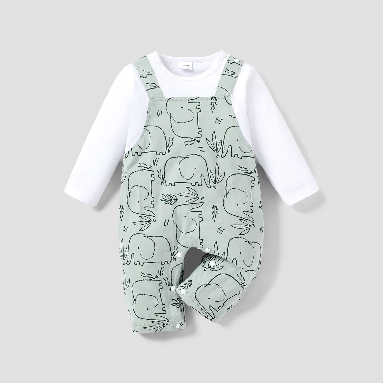 100% Cotton Baby Boy/Girl All Over Cartoon Elephant Print Faux-two Long-sleeve Jumpsuit Light Green big image 1