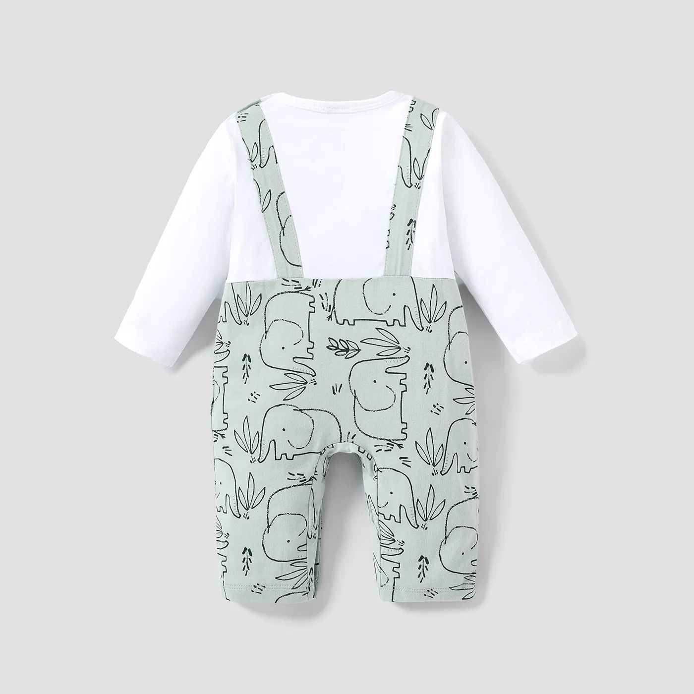 100% Cotton Baby Boy/Girl All Over Cartoon Elephant Print Faux-two Long-sleeve Jumpsuit Light Green image 2