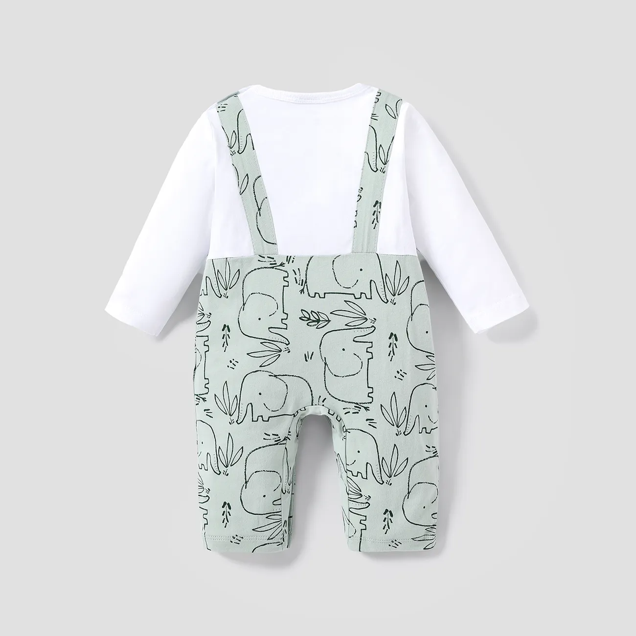 100% Cotton Baby Boy/Girl All Over Cartoon Elephant Print Faux-two Long-sleeve Jumpsuit Light Green big image 1