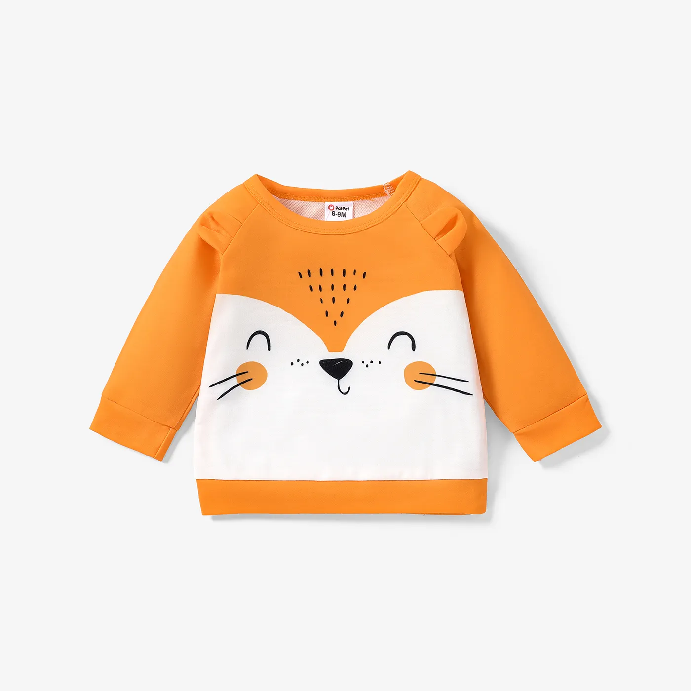 Baby Boy/Girl Cartoon Animal Print 3D Ears Long-sleeve Pullover Orange