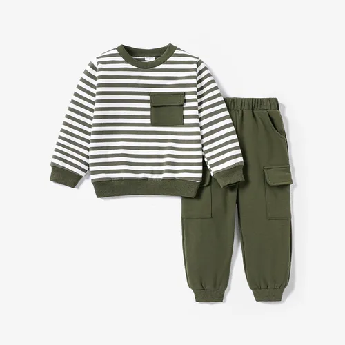 2pcs Todder Boy Cotton Stripe Set with Patch Pocket