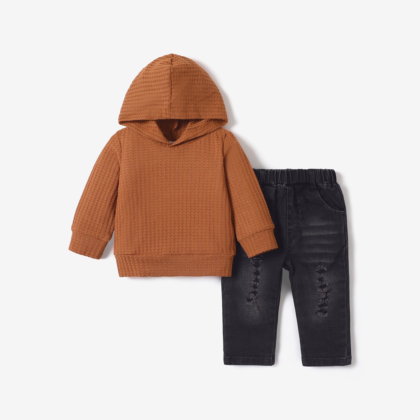 2-piece Baby Boy/Girl Waffle Hoodie Sweatshirt and 100% Cotton Ripped Denim Jeans Set