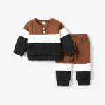 2pcs Baby Color Block Long-sleeve Sweatshirt and Trousers Set Brown