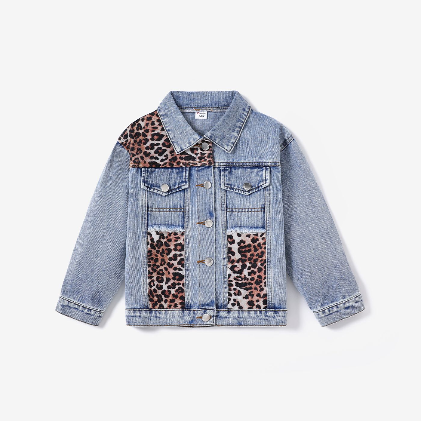 Kid Girl Fabric Stitching Leopard Print Denim Jacket