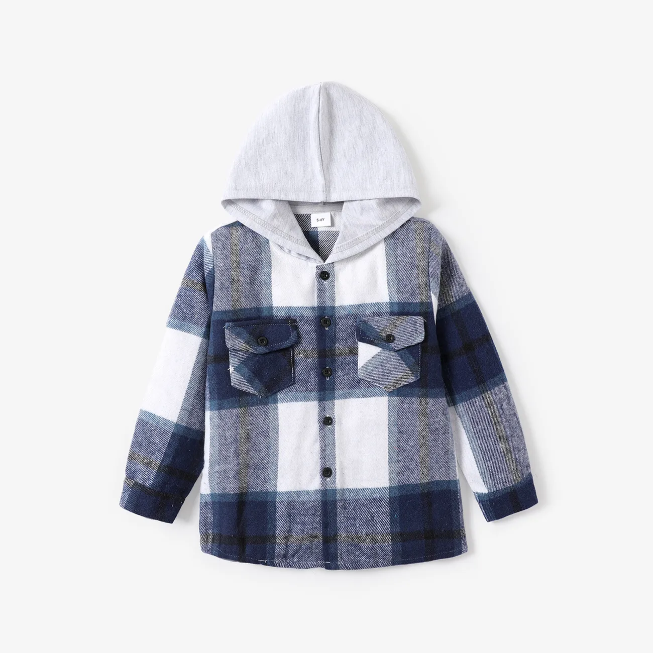 Toddler Girl/Boy 100% Cotton Button Design Plaid Hooded Jacket Blue big image 1