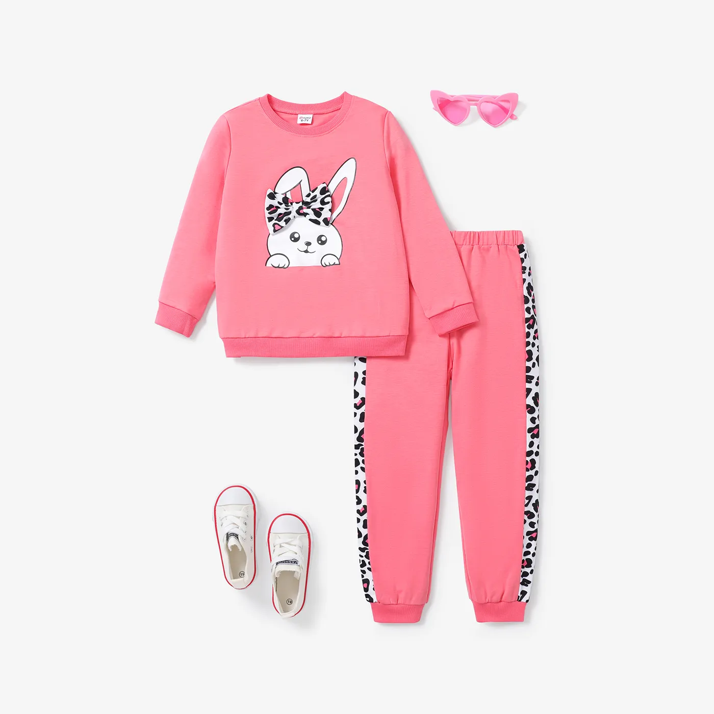 2PCS Kid Girl Childlike Rabbit  Print  Top And Fabric Stitching Leopard Pattern Pant