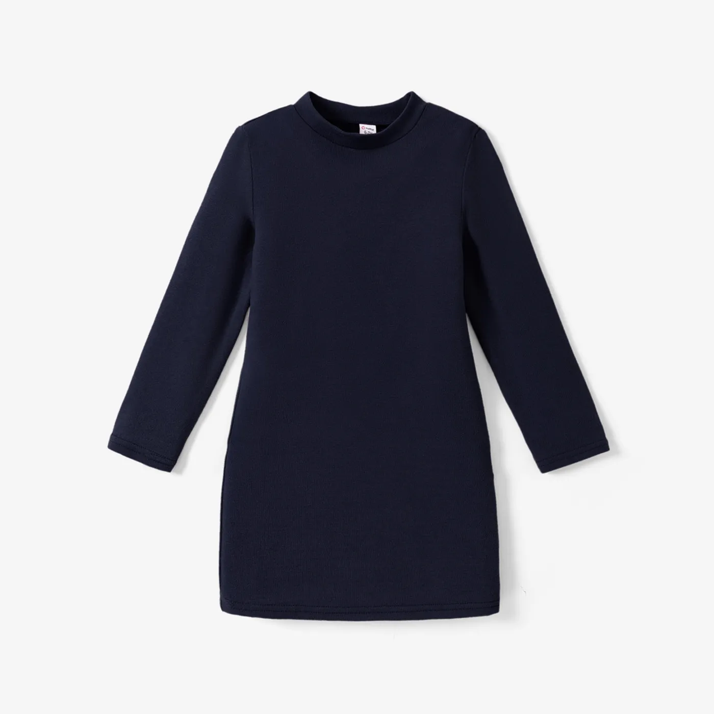 Kid Girl Solid Color Stand Collar Long-sleeve Knit Dress Tibetanblue