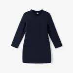 Kid Girl Solid Color Stand Collar Long-sleeve Knit Dress Tibetanblue