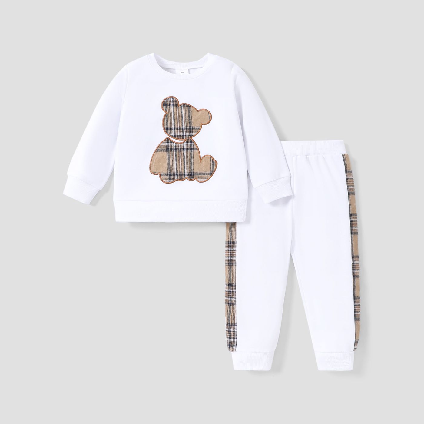 2pcs Toddler Boy Playful Bear Embroidered Sweatshirt and Plaid Splice Pants Set