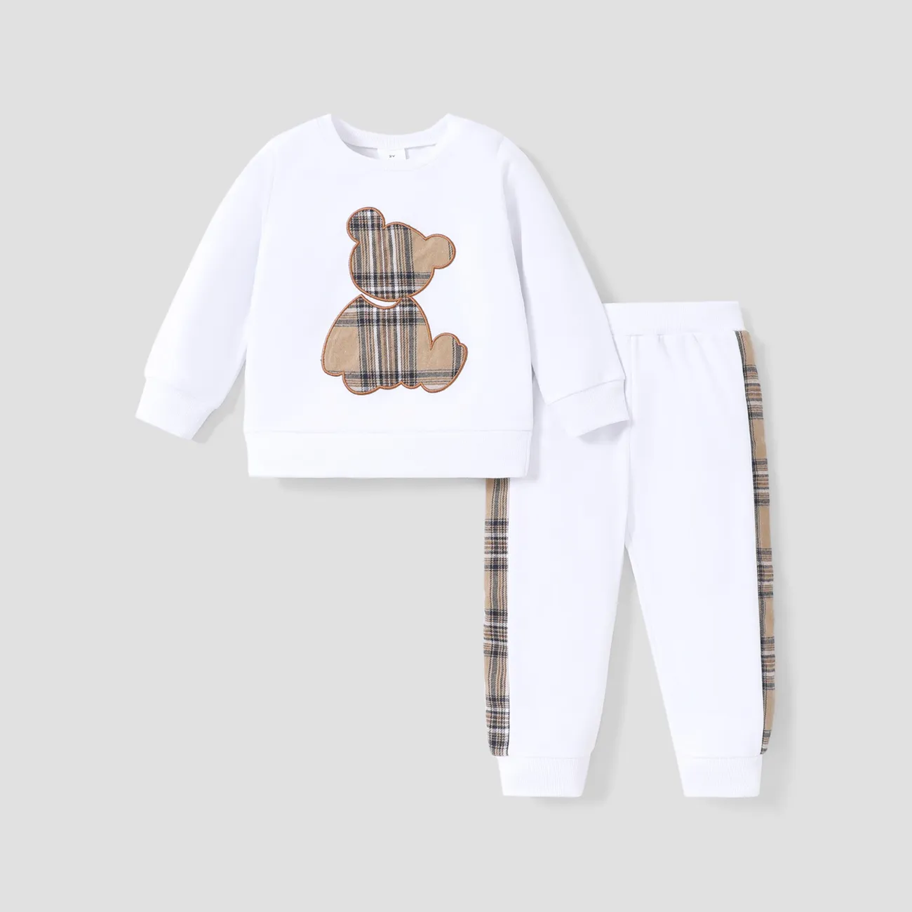 2pcs Toddler Boy Playful Bear Embroidered Sweatshirt and Plaid Splice Pants Set  big image 1