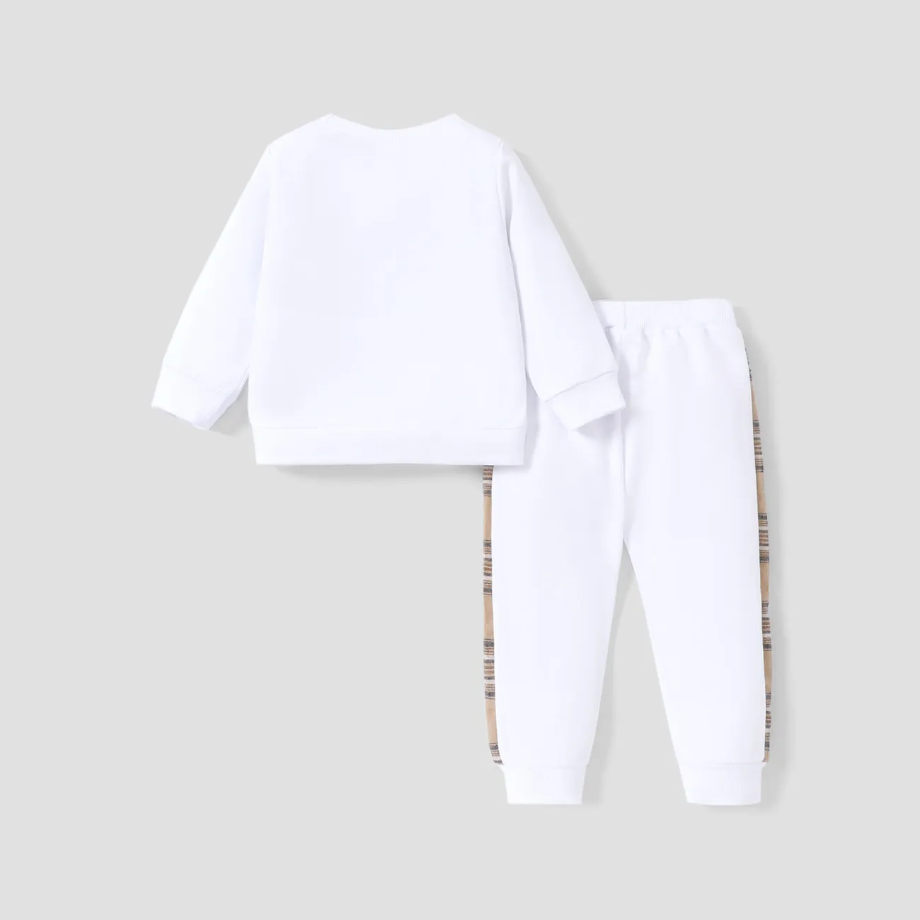 2pcs Toddler Boy Playful Bear Embroidered Sweatshirt and Plaid Splice Pants Set White big image 1
