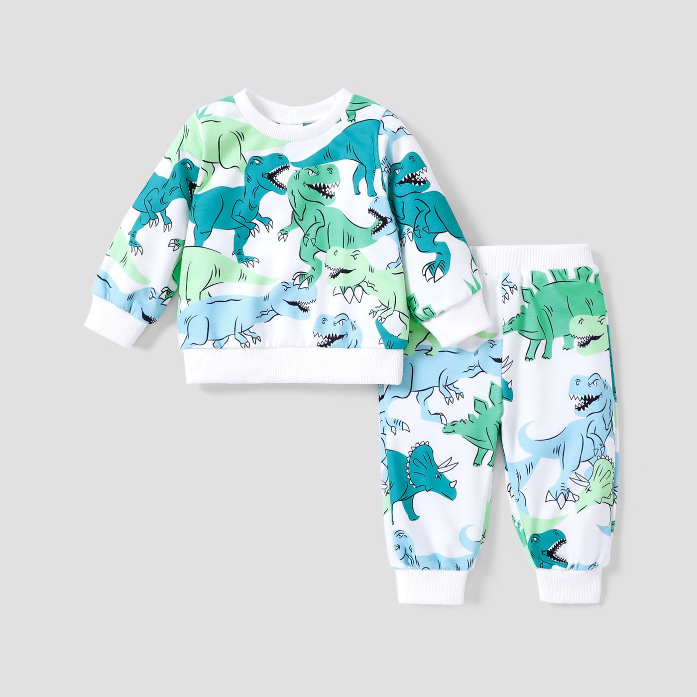 2pcs Baby Boy Allover Dinosaur Print Sweat-shirt à Manches Longues Et Ensemble De Pantalons