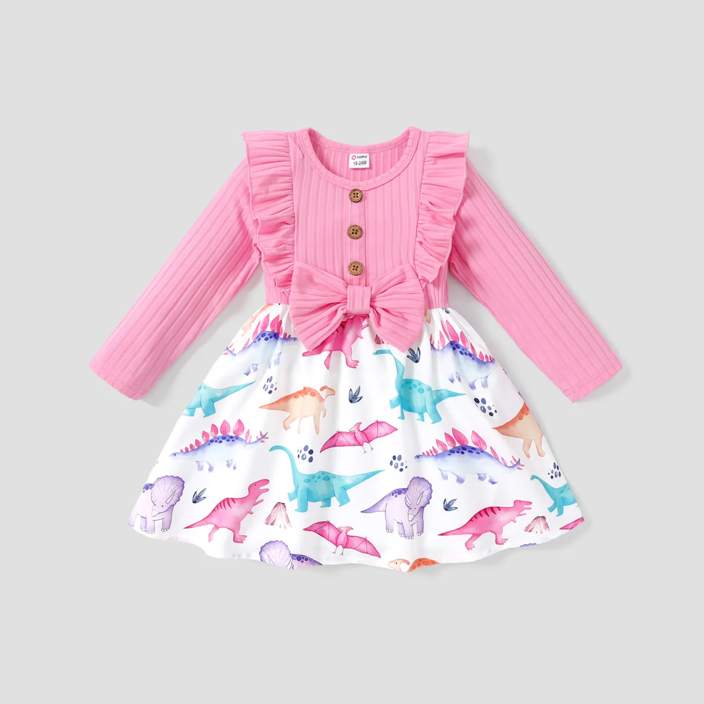 Toddler Girl Dinosaur Print Splice Ruffled Bowknot Design Long-sleeve Dress