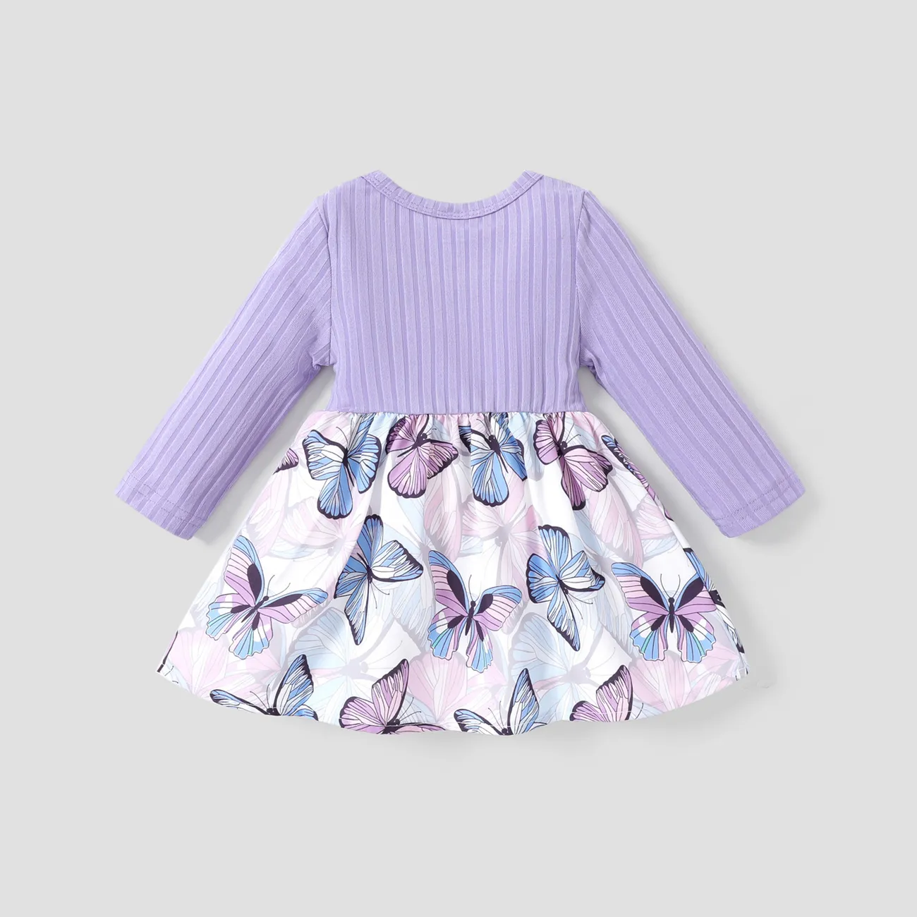 Baby Girl Solid Rib Knit Spliced Allover Butterfly Print Bow Front Long-sleeve Dress pinkpurple big image 1