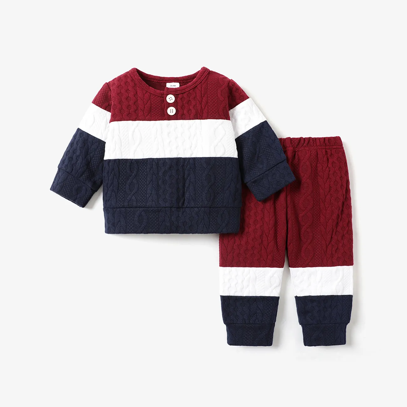 2pcs Baby Color Block Long-sleeve Sweatshirt and Trousers Set Red big image 1