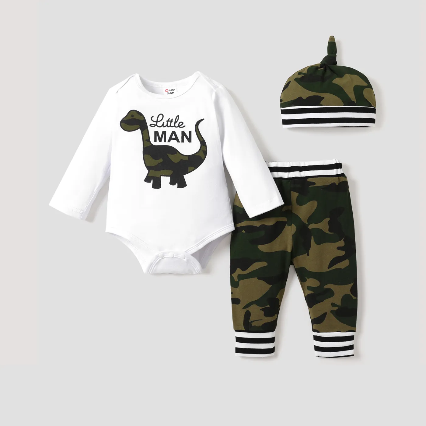 3pcs Baby Boy 95% Cotton Long-sleeve Dinosaur Letter Print Romper and Camouflage Trousers with Hat Set  image 1