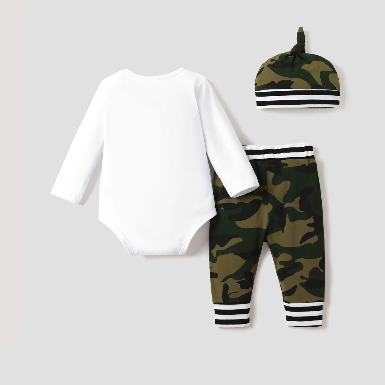 3pcs Baby Boy 95% Cotton Long-sleeve Dinosaur Letter Print Romper and Camouflage Trousers with Hat Set White big image 1