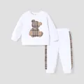 2pcs Baby Boy/Girl Long-sleeve Plaid Print Bear Embroidered Sweatshirt and Sweatpants Set  image 1