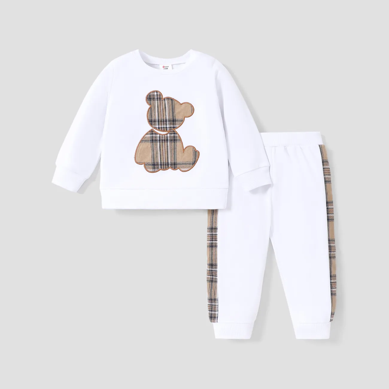 2pcs Baby Boy/Girl Long-sleeve Plaid Print Bear Embroidered Sweatshirt and Sweatpants Set OffWhite big image 1
