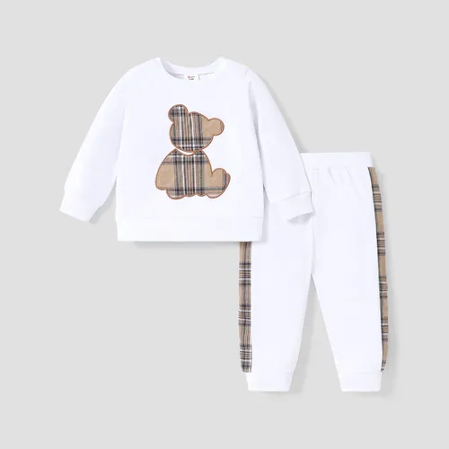 2pcs Baby Boy/Girl Long-sleeve Plaid Print Bear Embroidered Sweatshirt and Sweatpants Set