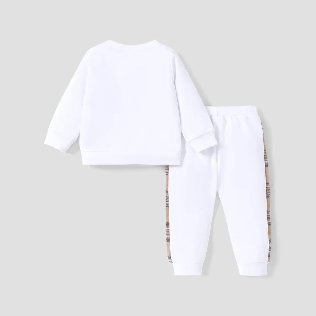 2pcs Baby Boy/Girl Long-sleeve Plaid Print Bear Embroidered Sweatshirt and Sweatpants Set OffWhite big image 1