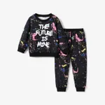 2-piece Toddler Boy Letter Painting Print Pullover and Pants Set Color block