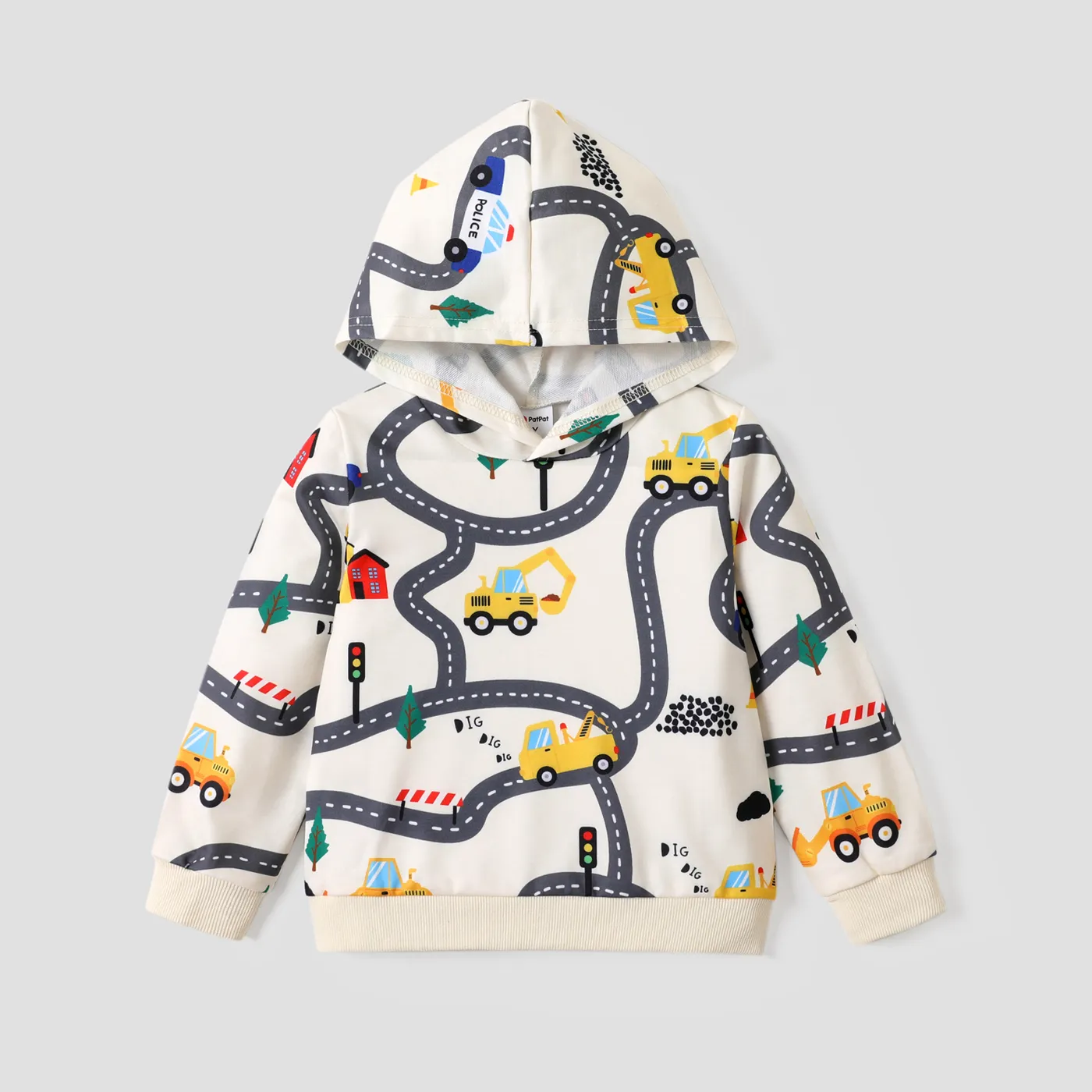 Toddler Boy Road Vehicle Print Hoodie Sweatshirt Beige