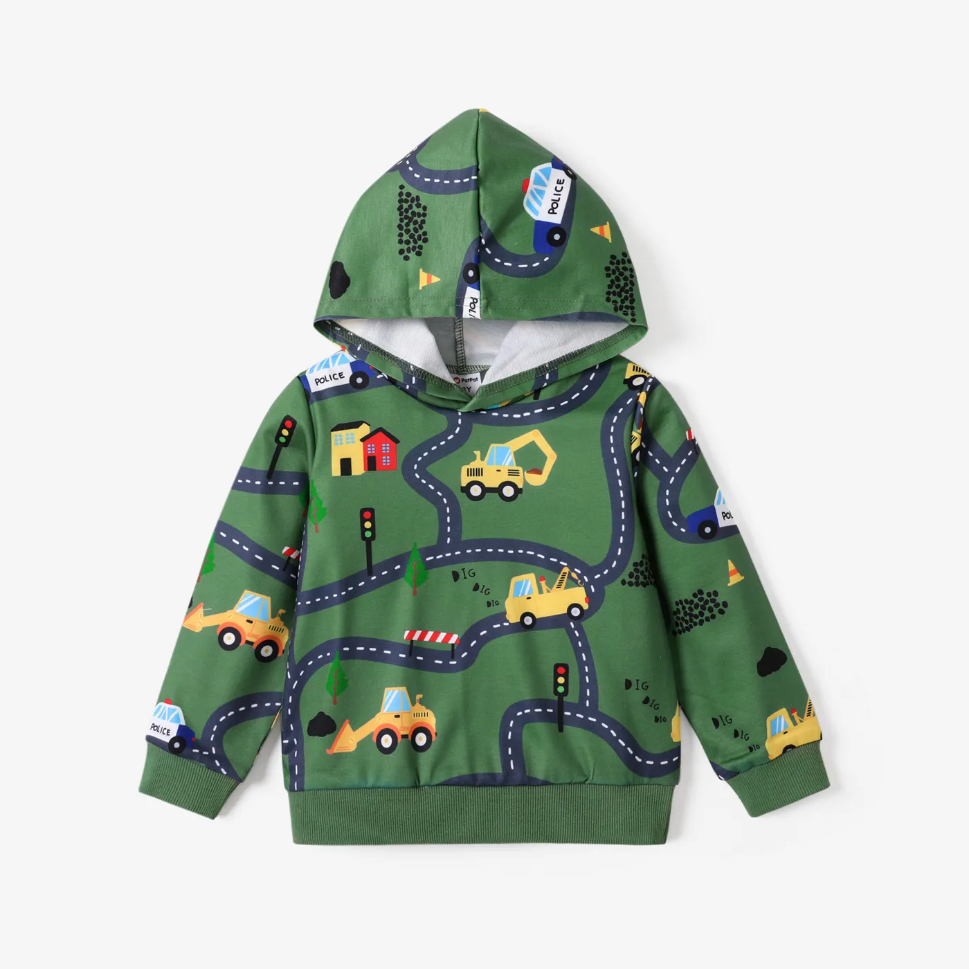 Toddler Boy Road Vehicle Print Hoodie Sweatshirt Dark Green