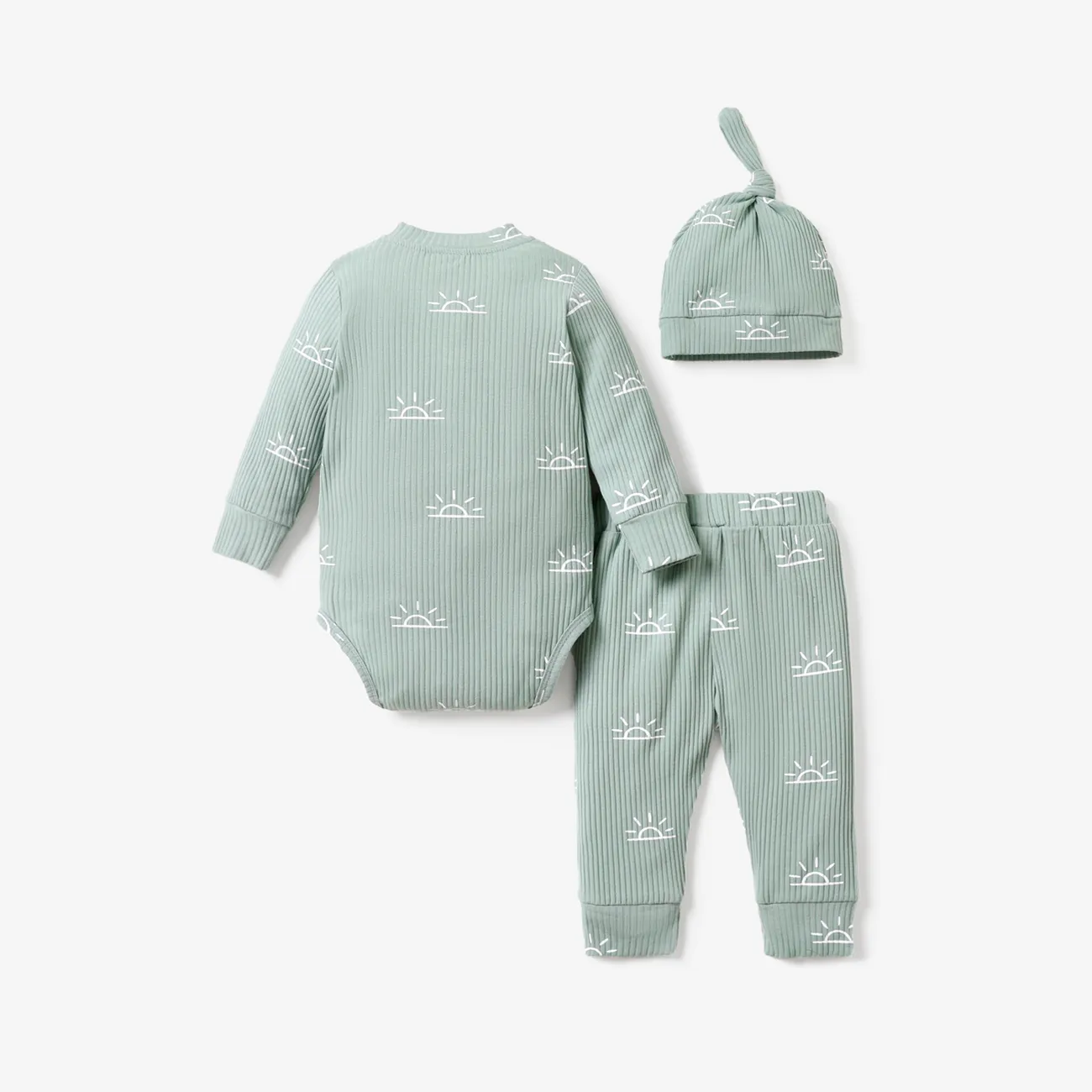 3-piece Baby Boy/Girl 95% Cotton Ribbed Long-sleeve Sun Print Button Design Romper and Elasticized Pants with Cap Set Green big image 1