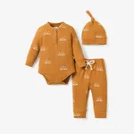 3-piece Baby Boy/Girl 95% Cotton Ribbed Long-sleeve Sun Print Button Design Romper and Elasticized Pants with Cap Set Orange
